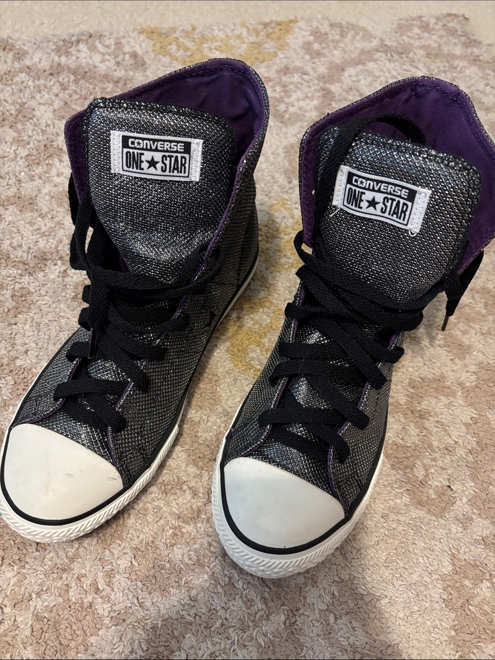 Converse High Top Sneakers - Black with Purple Lining like brand new!